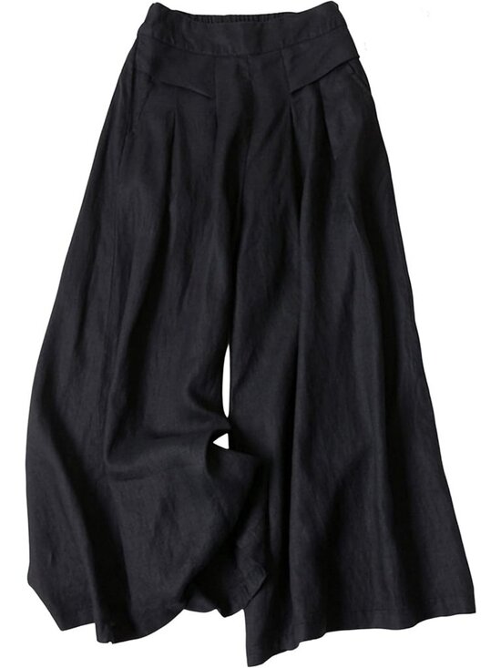 Pants - Women's Cotton Linen Wide Leg Culottes Pants | Elastic Waist Palazzo Trousers